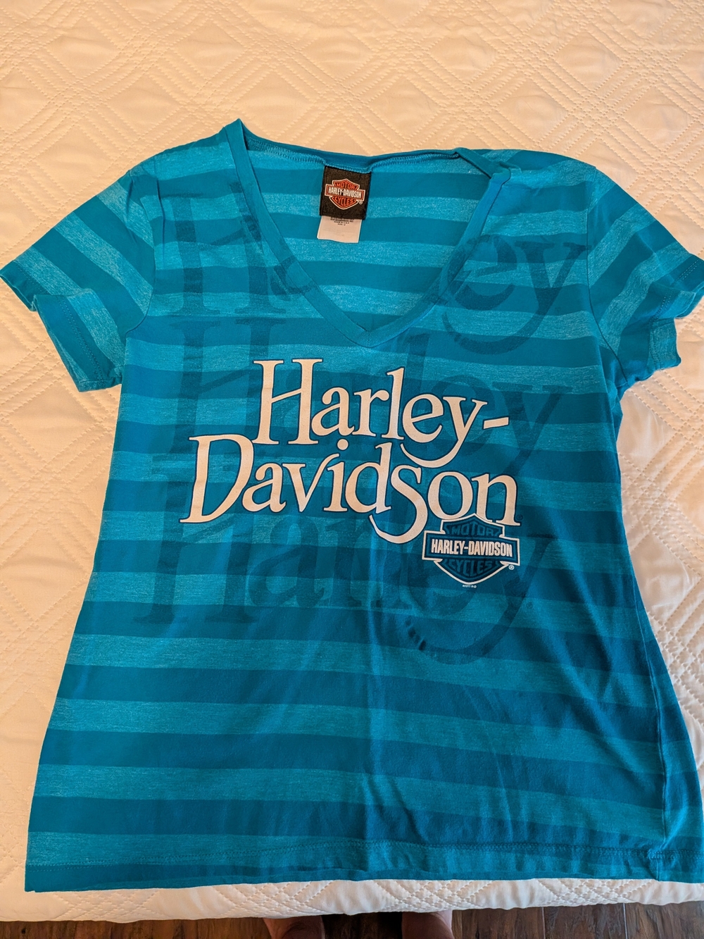 Harley-Davidson Teal Striped V-Neck Women's Tee